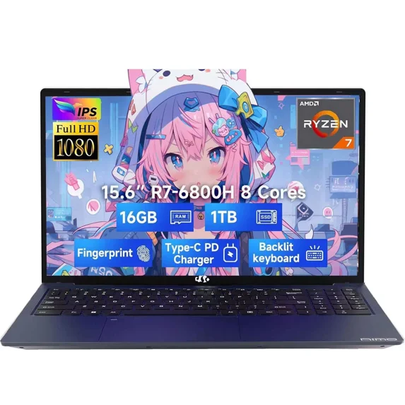 15.6" IPS FHD-Gaming-Laptop 8 Cores AMD Ryzen 7 6800H 16GB DDR5 RAM 1TB SSD (Beat Intel i7-12700H Up to 4.7GHz) AMD Radeon 680M GPU-Computer with 100W Type-C Backlit Keyboard Fingerprint