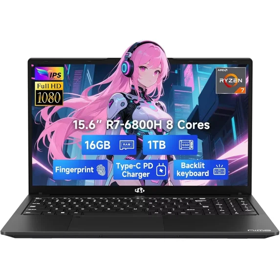 15.6" IPS FHD-Gaming-Laptop, 8 Cores AMD Ryzen 7 6800H 16GB DDR5 RAM 1TB SSD (Beat i7-12700H, Up to 4.7GHz) AMD Radeon 680M GPU-Computer with 100W GaN Type-C Backlit Keyboard Fingerprint(black)