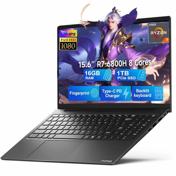 15.6" IPS FHD-Gaming-Laptop, 8 Cores AMD Ryzen 7 6800H 16GB DDR5 RAM 1TB SSD (Beat i7-12700H, Up to 4.7GHz) AMD Radeon 680M GPU-Computer with 100W GaN Type-C Backlit Keyboard Fingerprint