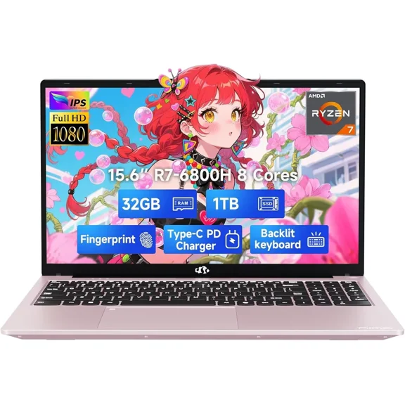 15.6" IPS FHD-Gaming-Laptop, 8 Cores AMD Ryzen 7 6800H 16GB DDR5 RAM 1TB SSD (Beat i7-12700H, Up to 4.7GHz) AMD Radeon 680M GPU-Computer with 100W GaN Type-C Backlit Keyboard Fingerprint(pink）