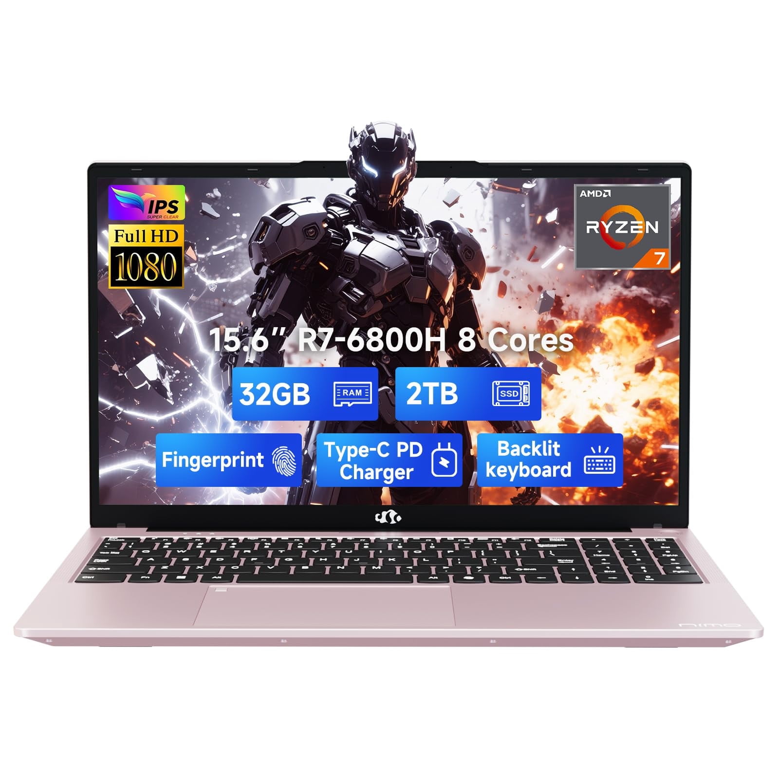 15.6 IPS FHD-Gaming-Laptop, 8 Cores AMD Ryzen 7 6800H 32GB DDR5 RAM 2TB SSD (Beat i7-12700H, Up to 4.7GHz) AMD Radeon 680M GPU-Computer with Backlit Keyboard Fingerprint,2 Years Warranty,Rose Gold