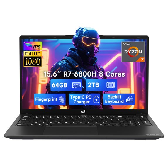 15.6" IPS FHD-Gaming-Laptop, 8 Cores AMD Ryzen 7 6800H 64GB DDR5 RAM 2TB SSD (Beat Intel i7-12700H Up to 4.7GHz) AMD Radeon 680M GPU-Computer with 100W Type-C Backlit Keyboard Fingerprint, Win 11 Pro