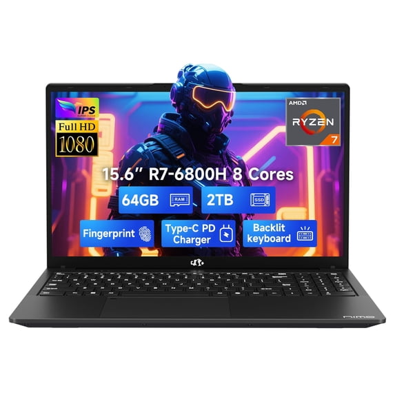 15.6" IPS FHD-Gaming-Laptop, 8 Cores AMD Ryzen 7 6800H 64GB DDR5 RAM 2TB SSD (Beat Intel i7-12700H Up to 4.7GHz) AMD Radeon 680M GPU-Computer with 100W Type-C Backlit Keyboard Fingerprint, Win 11 Pro