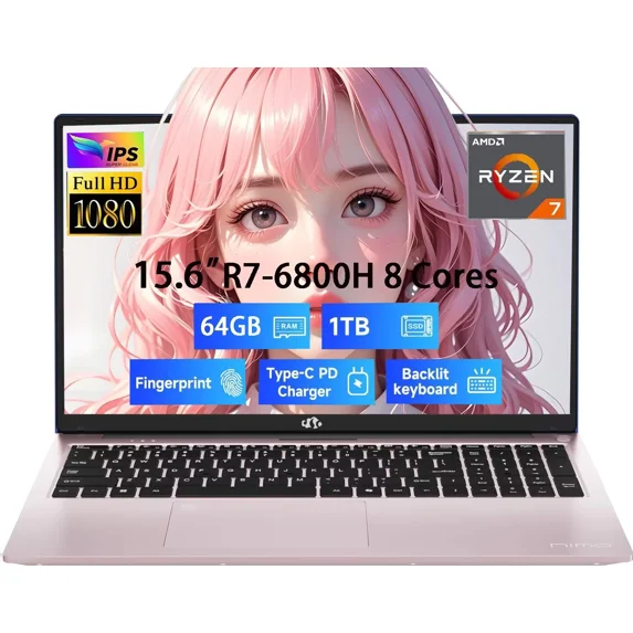 15.6" IPS FHD-Gaming-Laptop, 8 Cores AMD Ryzen 7 6800H 64GB DDR5 RAM 1TB SSD (Beat i7-12700H, Up to 4.7GHz) AMD Radeon 680M GPU-Computer with 100W GaN Type-C Backlit Keyboard Fingerprint