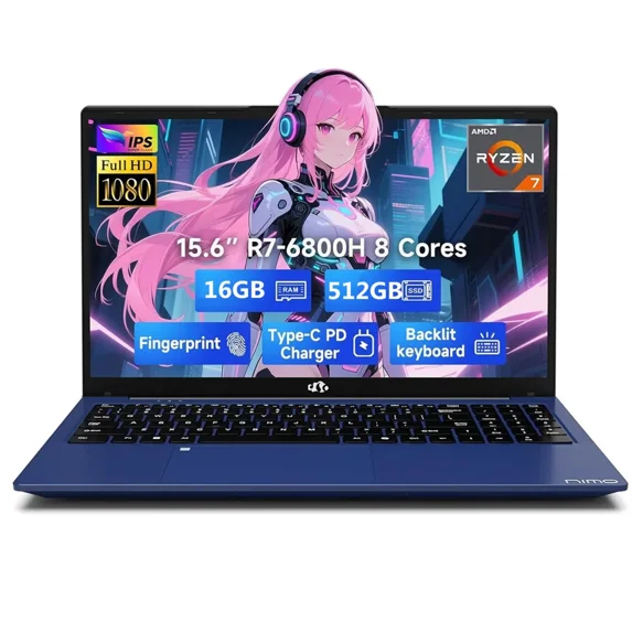 15.6" IPS FHD Gaming Laptop 8 Cores AMD Ryzen 7 6800H(Beat Intel i7-12700H, Up to 4.7GHz) 16GB DDR5 RAM 512GB SSD AMD Radeon 680M GPU-Computer 100W Type-C Backlit Keyboard Fingerprint Blue