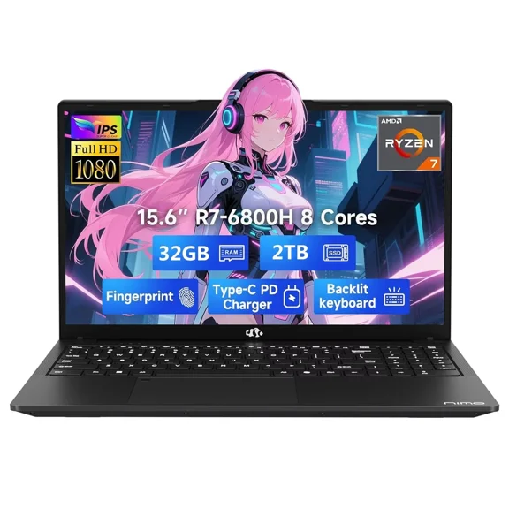 15.6" IPS FHD Gaming Laptop, 8 Cores AMD Ryzen 7 6800H (Beat i7-12700H, Up to 4.7GHz) 32GB DDR5 RAM 2TB SSD AMD Radeon 680M GPU-Computer with 100W GaN Type-C Backlit Keyboard Fingerprint Black