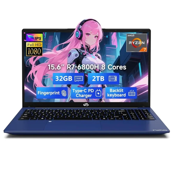 15.6" IPS FHD Gaming Laptop, 8 Cores AMD Ryzen 7 6800H (Beat i7-12700H, Up to 4.7GHz) 32GB DDR5 RAM 2TB SSD AMD Radeon 680M GPU-Computer with 100W GaN Type-C Backlit Keyboard Fingerprint Blue