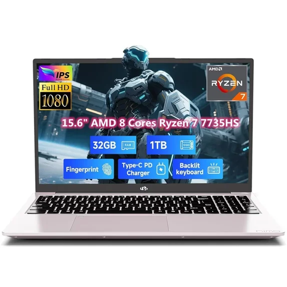 15.6" IPS FHD Gaming Laptop, 8 Cores AMD Ryzen 7 7735HS (Beats i7-12650H, Up to 4.75GHz) 32GB DDR5 RAM 1TB SSD, Computer with Radeon 680M 100W Type-C Backlit Keyboard Fingerprint Unlock, RoseGold