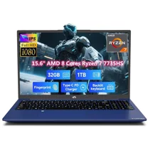 15.6" IPS FHD Gaming Laptop, 8 Cores AMD Ryzen 7 7735HS (Beats i7-12650H, Up to 4.75GHz) 32GB DDR5 RAM 1TB SSD, Computer with Radeon 680M 100W Type-C Backlit Keyboard Fingerprint Unlock, Blue