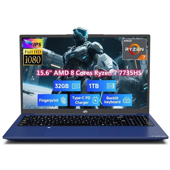 15.6" IPS FHD Gaming Laptop, 8 Cores AMD Ryzen 7 7735HS (Beats i7-12650H, Up to 4.75GHz) 32GB DDR5 RAM 1TB SSD, Computer with Radeon 680M 100W Type-C Backlit Keyboard Fingerprint Unlock, Blue
