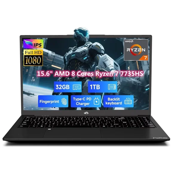 15.6" IPS FHD Gaming Laptop, 8 Cores AMD Ryzen 7 7735HS (Beats i7-12650H, Up to 4.75GHz) 32GB DDR5 RAM 1TB SSD, Computer with Radeon 680M 100W Type-C Backlit Keyboard Fingerprint Unlock, Black