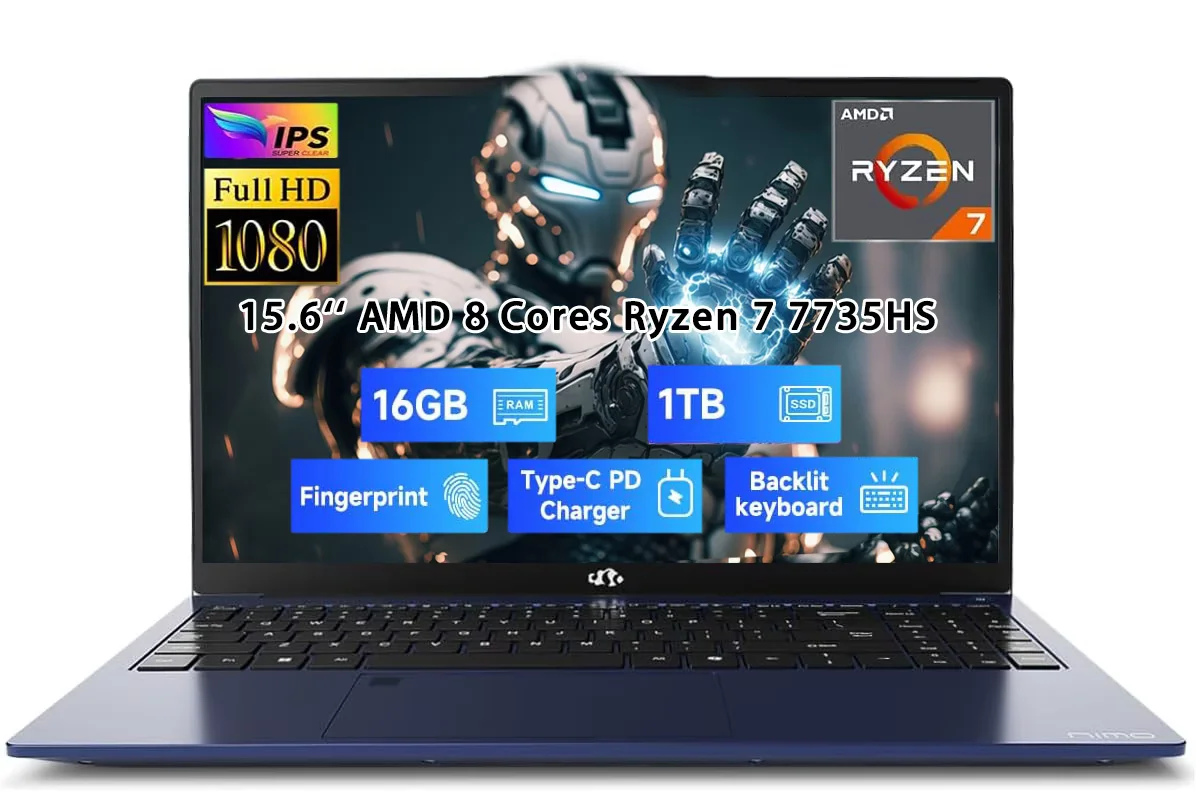 15.6" IPS FHD Gaming-Laptop, AMD 8 Cores Ryzen 7 7735HS 16GB DDR5 RAM 1TB SSD (Beats i7-12650H, Up to 4.75GHz) Computer with Radeon 680M 100W Type-C Backlit Keyboard Fingerprint Unlock