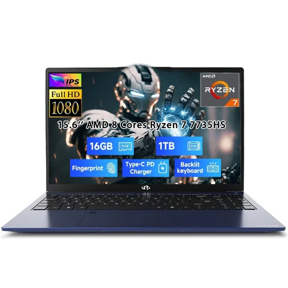15.6" IPS FHD Gaming-Laptop, AMD 8 Cores Ryzen 7 7735HS 16GB DDR5 RAM 1TB SSD (Beats i7-12650H, Up to 4.75GHz) Computer with Radeon 680M 100W Type-C Backlit Keyboard Fingerprint Unlock