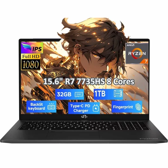 15.6" IPS FHD Gaming-Laptop, AMD 8 Cores Ryzen 7 7735HS 32GB DDR5 RAM 1TB SSD (Beats i7-12650H, Up to 4.75GHz) Computer with Radeon 680M 100W Type-C Backlit Keyboard Fingerprint Unlock, Black