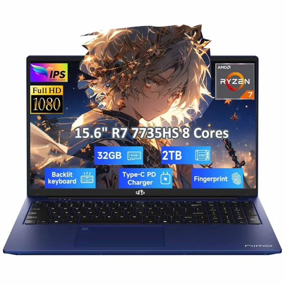 15.6" IPS FHD Gaming-Laptop, AMD 8 Cores Ryzen 7 7735HS 32GB DDR5 RAM 2TB SSD (Beats i7-12650H, Up to 4.75GHz) Computer with Radeon 680M 101W Type-C Backlit Keyboard Fingerprint Unlock, Blue