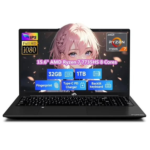 15.6" IPS FHD Gaming Laptop, AMD 8 Cores Ryzen 7 7735HS (Beats i7-12650H Up to 4.75GHz) 32GB DDR5 RAM 1TB SSD AMD Radeon 680M GPU-Computer with 100W Type-C Backlit Keyboard Fingerprint, Black