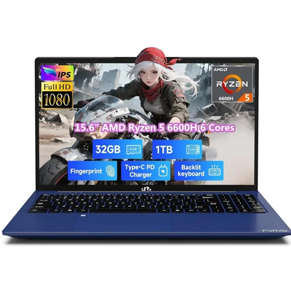 15.6" IPS FHD Gaming Laptop, AMD Ryzen 5 6600H 6 Cores 32GB DDR5 RAM 1TB SSD (Beat i7-1165G7, Up to 4.5GHz) Radeon 660M GPU-Computer with 100W Type-C Backlit Keyboard Fingerprint Win 11 Blue