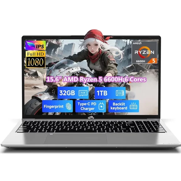 15.6" IPS FHD Gaming Laptop, AMD Ryzen 5 6600H 6 Cores 32GB DDR5 RAM 1TB SSD (Beat i7-1165G7, Up to 4.5GHz) Radeon 660M GPU-Computer with 100W Type-C Backlit Keyboard Fingerprint Win 11 Silver
