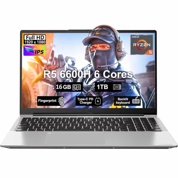 15.6" IPS FHD-Gaming-Laptop, AMD Ryzen 5 6600H 6-Cores 660M GPU 16GB DDR5 RAM 1TB SSD(Beat i7-1165G7, Up to 4.5GHz) Computer with 100W GaN Type C Fingerprint Backlit Keyboard Win 11
