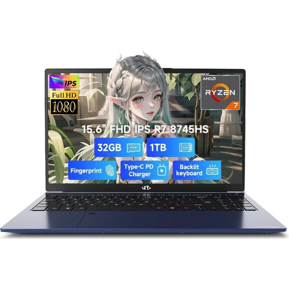 15.6" IPS FHD-Gaming-Laptop, AMD Ryzen 7 8745HS 32GB DDR5 RAM 1TB SSD (8C/16T, up to 4.9GHz) Radeon 780M Graphics Business Computer with 100W Type-C Backlit Keyboard, Fingerprint USB-C 4.0