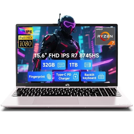 15.6" IPS FHD Gaming Laptop, AMD Ryzen 7 8745HS 32GB DDR5 RAM 1TB SSD (8C/16T, up to 4.9GHz) Radeon 780M Graphics Business Computer with 100W Type-C Backlit Keyboard, Fingerprint USB-C 4.0 RoseGold