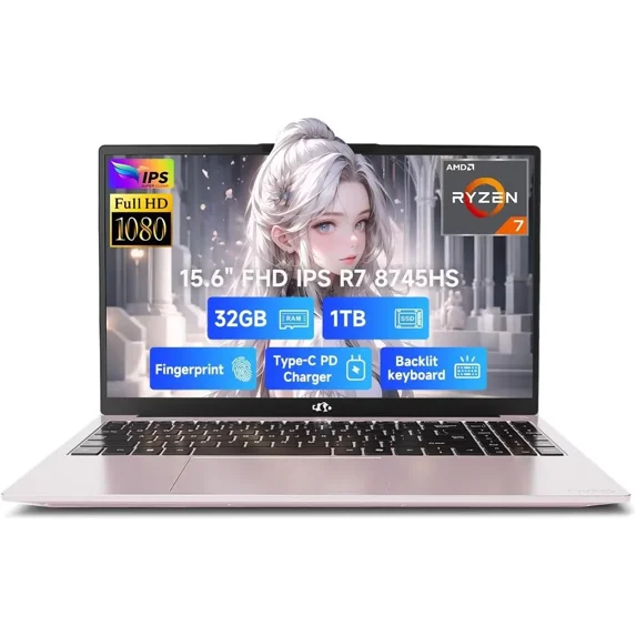 15.6" IPS FHD-Gaming-Laptop, AMD Ryzen 7 8745HS 32GB DDR5 RAM 1TB SSD (8C/16T, up to 4.9GHz) Radeon 780M Graphics Business Computer with 100W Type-C Backlit Keyboard, Fingerprint USB-C 4.0