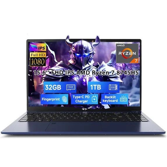 15.6" IPS FHD-Gaming-Laptop, AMD Ryzen 7 8745HS 32GB DDR5 RAM 1TB SSD (up to 4.9GHz) Radeon 780M Graphics Business Computer with 100W Type-C Backlit Keyboard, Fingerprint USB-C 4.0