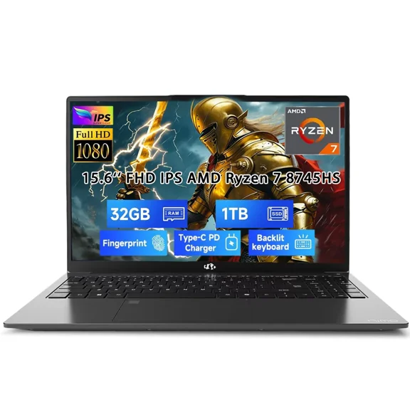 15.6" IPS FHD-Gaming-Laptop, AMD Ryzen 7 8745HS 32GB DDR5 RAM 1TB SSD (up to 4.9GHz) Radeon 780M Graphics Business Computer with 100W Type-C Backlit Keyboard, Fingerprint USB-C 4.0