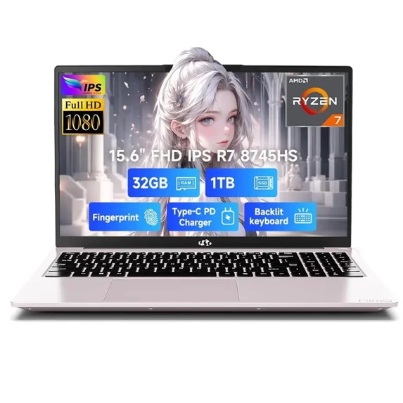 15.6" IPS FHD Gaming Laptop, AMD Ryzen 7 8745HS (8C/16T, up to 4.9GHz) Radeon 780M Graphics 32GB DDR5 RAM 1TB SSD Business Computer with 100W Type-C Backlit Keyboard, Fingerprint USB-C 4.0 RoseGold