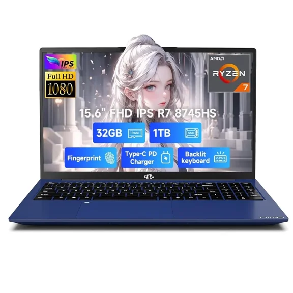 15.6" IPS FHD Gaming Laptop, AMD Ryzen 7 8745HS (8C/16T, up to 4.9GHz) Radeon 780M Graphics 32GB DDR5 RAM 1TB SSD Business Computer with 100W Type-C Backlit Keyboard, Fingerprint USB-C 4.0 Blue