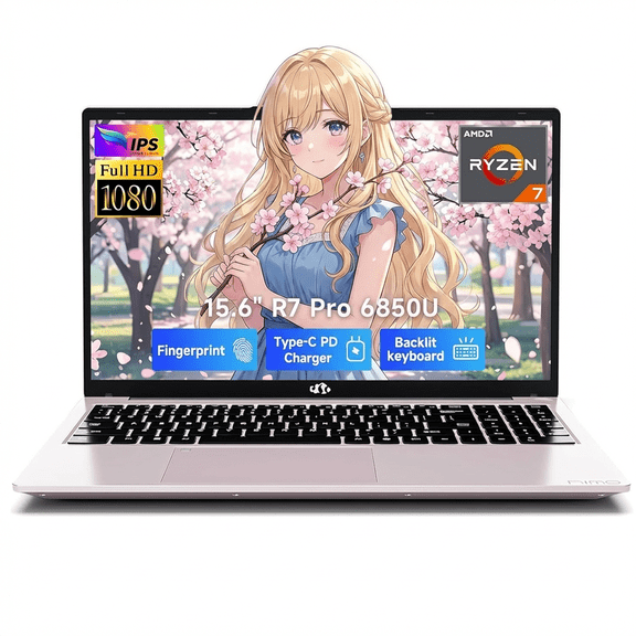 15.6" IPS FHD-Gaming-Laptop AMD Ryzen 7 Pro 6850U 16GB LPDDR5 RAM 512GB SSD (8 Cores, Beat i7-1360P Up to 4.7GHz) Radeon 680M GPU with 100W Type-C Backlit Keyboard Fingerprint