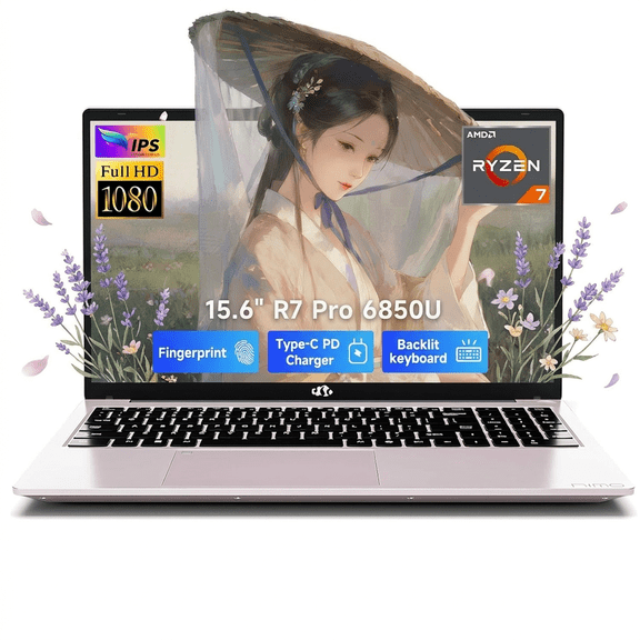 15.6" IPS FHD Gaming Laptop AMD Ryzen 7 Pro 6850U 16GB LPDDR5 RAM 512GB SSD (Beat i7-1360P, 8 Cores Up to 4.7GHz) Radeon 680M GPU with 100W Type-C Fingerprint Backlit Keyboard