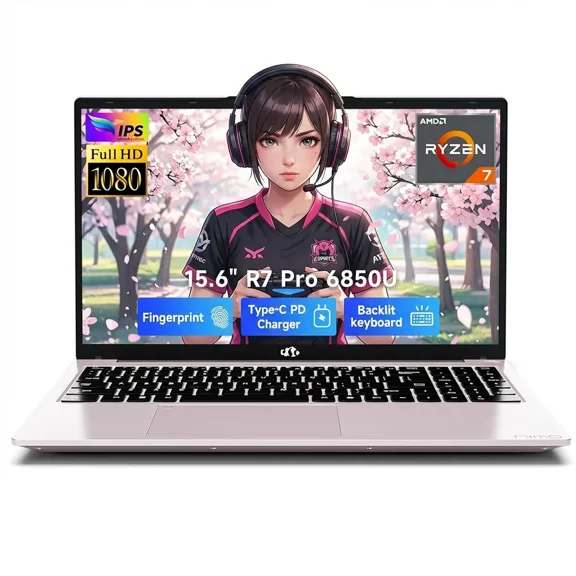 15.6" IPS FHD Gaming Laptop AMD Ryzen 7 Pro 6850U 16GB RAM 512GB SSD (8 Cores Up to 4.7GHz) with AMD Radeon 680M GPU 100W Type-C Backlit Keyboard Fingerprint Reader