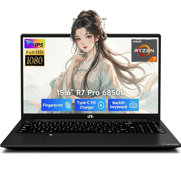 15.6" IPS FHD Gaming Laptop AMD Ryzen 7 Pro 6850U 32GB LPDDR5 RAM 1TB SSD (Beat i7-1360P, 8 Cores Up to 4.7GHz) AMD Radeon 680M GPU with 100W Type-C Backlit Keyboard Fingerprint Black