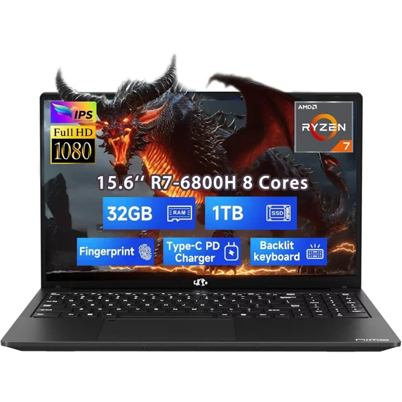 15.6" IPS FHD Gaming Laptop Computer 8 Cores AMD Ryzen 7 6800H (Up to 4.7GHz) 32GB DDR5 RAM 1TB SSD AMD Radeon 680M GPU-Computer 100W Type-C Backlit Keyboard Fingerprint Black