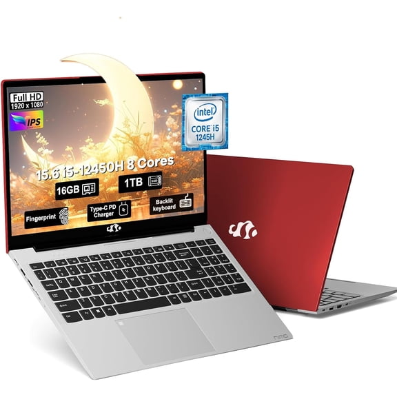 15.6 IPS FHD-Laptop, 16GB RAM 1TB SSD 8 cores Intel i5-12450H(Beat AMD R5 5500U,up to 4.4 GHz) Student-Laptop, Laptop-Computer with Backlit Keyboard Fingerprint Home-laptop, Red