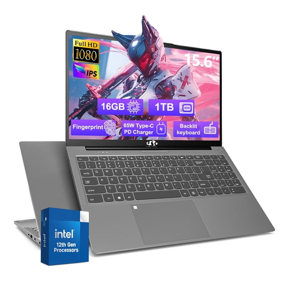 15.6 inch Laptop,16GB RAM 1TB SSD 2025 Student-Laptop with Backlit Keyboard Fingerprint Intel Quad Core N100 (Up to 3.4GHz)Business-Laptop,Computer,2 Years Warranty Win11,Gray