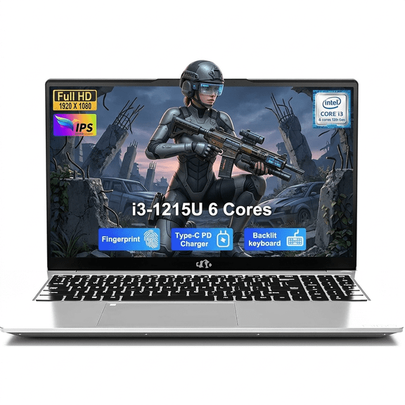 15.6" IPS FHD Laptop 16GB RAM 512GB SSD Intel 6-Core i3-1215U (Beats R5 7520U, Up to 4.4GHz) with Backlit Keyboard Fingerprint Wi-Fi 6 Two-Year Warranty Silver