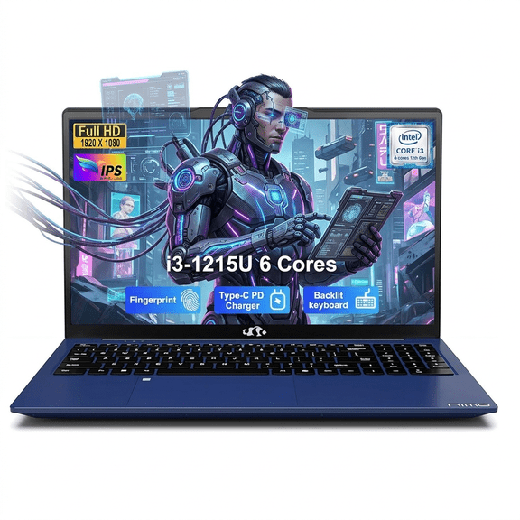 15.6" IPS FHD Laptop 16GB RAM 512GB SSD Intel 6-Core i3-1215U (Beats R5-7520U, Up to 4.4GHz) with Intel UHD Graphics-Backlit Keyboard Fingerprint Wi-Fi 6 Two-Year Warranty Blue