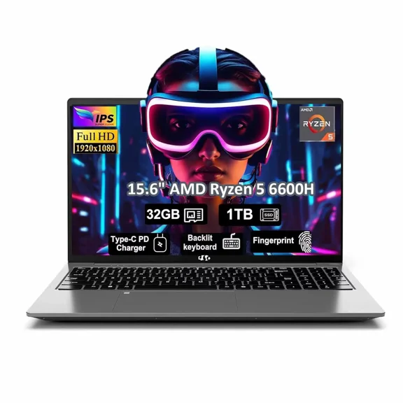 15.6" IPS FHD Laptop, 32GB DDR5 RAM 1TB SSD(Beat i7-1165G7, Up to 4.5GHz) AMD Ryzen 5 6600H 6-Cores 660M GPU Computer with 100W GaN Type C Fingerprint Backlit Keyboard Win 11