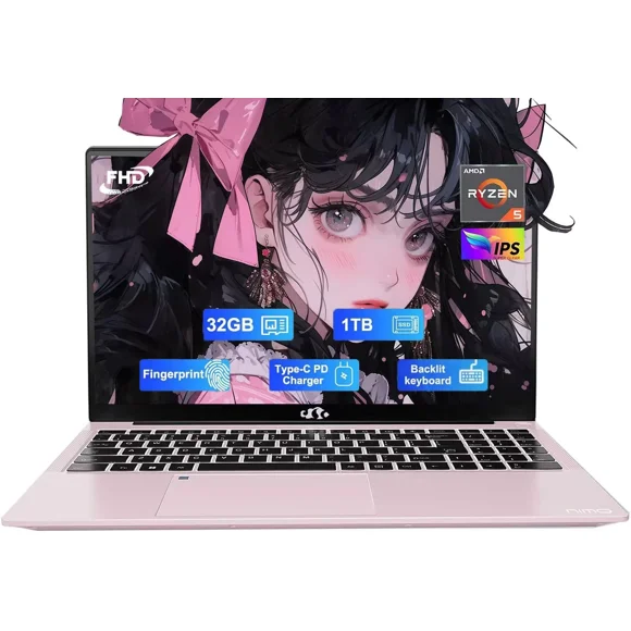 15.6" IPS FHD-Laptop, 32GB RAM 1TB SSD AMD Ryzen 5(Beat i5-1135G7, 4 Cores Up to 3.7GHz) Student Computer with 65W Type-C, 2 Years Warranty, Fingerprint, Backlit Keyboard, Numpad, Rose Gold