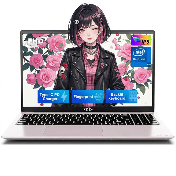 15.6" IPS FHD Laptop 4GB RAM 128GB SSD Intel Pentium N100 Processor (Beat i3-1115G4, Up to 3.4GHz) with Backlit Keyboard Fingerprint Type-C WiFi 6 BT5.2 RoseGold