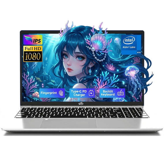 15.6" IPS FHD Laptop 4GB RAM 128GB SSD Intel Pentium Quad Core N100 (Beat i3-1115G4, Up to 3.4GHz) Computer with Backlit Keyboard Fingerprint WiFi 6 BT5.2 Silver