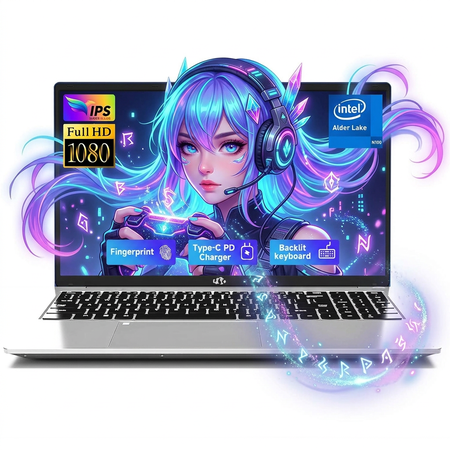 15.6" IPS FHD Laptop 8GB RAM 256GB SSD Intel Pentium Quad Core N100 (Beat i3-1115G4, Up to 3.4GHz) Computer with Backlit Keyboard Fingerprint Type-C Charger WiFi 6 BT5.2 Silver