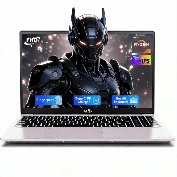 15.6" IPS FHD-Laptop AMD Ryzen 5 4GB RAM 128GB SSD (Beat i5-1135G7, 4 Cores Up to 3.7GHz) with Radeon Graphics Backlit Keyboard Fingerprint 65W Type-C BT5.2 Numpad 2 Years Warranty