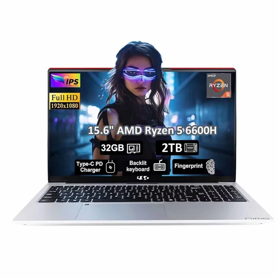 15.6" IPS FHD Laptop, AMD Ryzen 5 6600H 6-Cores 660M GPU 32GB DDR5 RAM 2TB SSD(Beat i7-1165G7, Up to 4.5GHz) Fingerprint Backlit Keyboard Computer with 100W GaN Type C