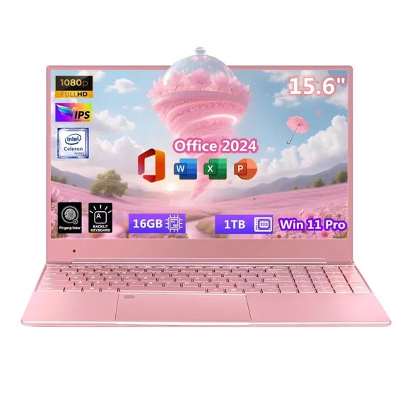 15.6" IPS FHD Laptop Office 2024 Win 11 Pro 16GB RAM 1TB SSD Intel Celeron N5095 Quad-Core Thin Light Business Student Notebook PC Computer Backlit Keyboard Fingerprint Pink