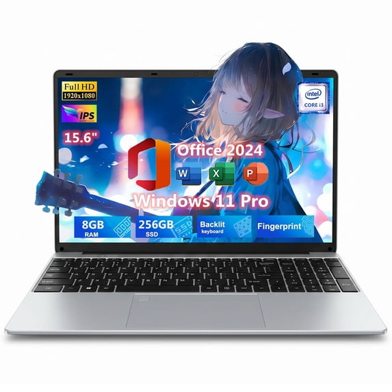 15.6" IPS FHD Laptop, Office 2024, Windows11 Pro, 8GB RAM 256GB SSD, Intel Core i3, Backlit Keyboard Fingerprint Reader, Thin and Light 2026 NEW Notebook PC computer for Study and Work, Silver