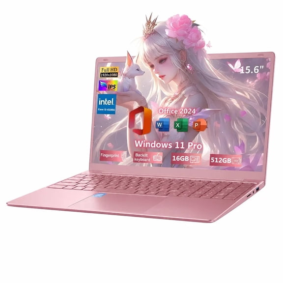 15.6" Pink Laptop, 2026 NEW IPS FHD Laptop, Office 2024, Windows11 Pro, Intel Core i3, 16GB RAM 512GB SSD, Backlit Keyboard Fingerprint Reader, Thin and Light notebook PC computer for Girls and Lady