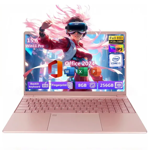 15.6" IPS FHD Laptop, Office 2024, Windows11 Pro, Intel Core i3 Processor, 8GB RAM 256GB SSD, Backlit Keyboard Fingerprint Reader, Thin and Light notebook PC computer for girls Study and Work